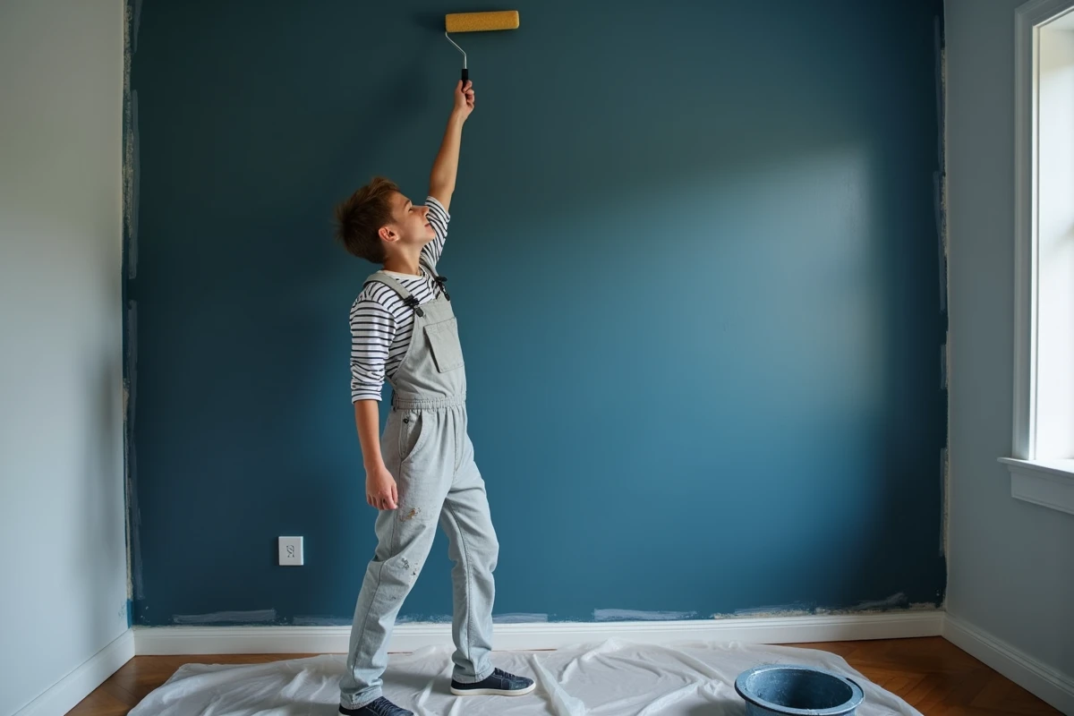 Adolescent appliquant une peinture écologique bleu marine sur le mur de sa chambre en rénovation