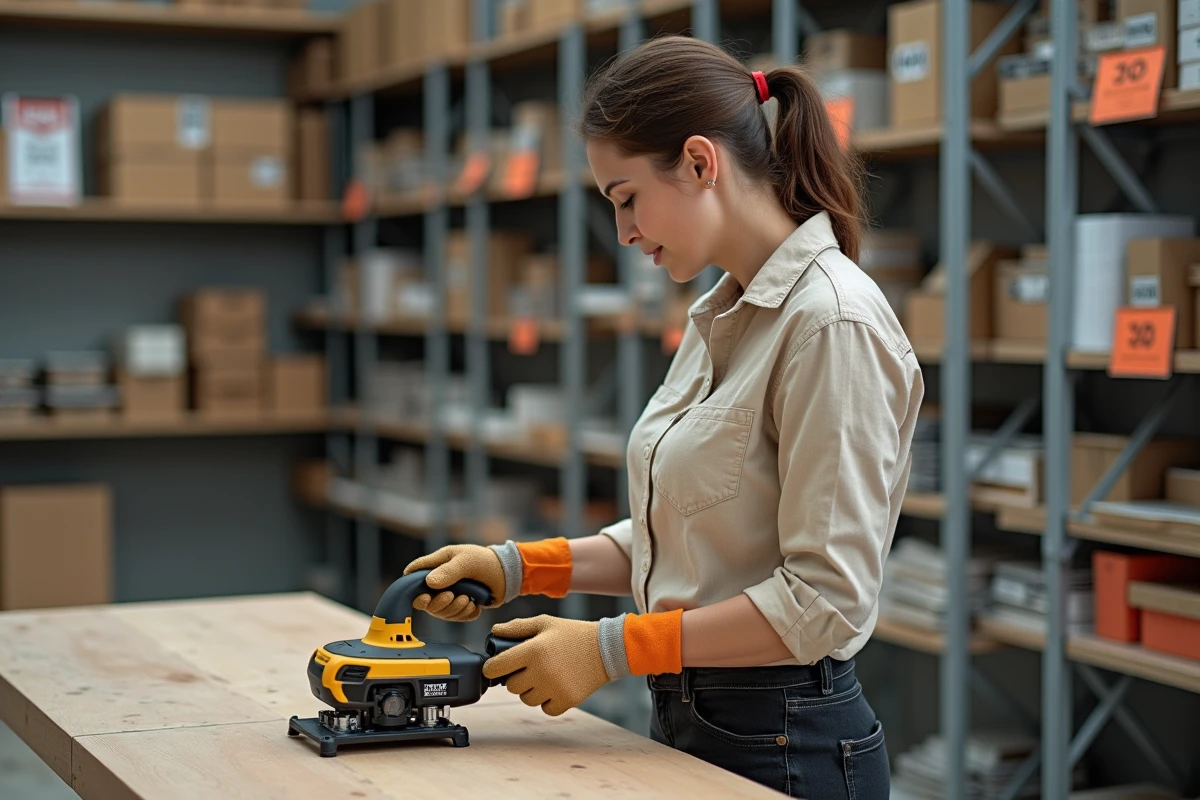 Femme examinant un carreleur électrique en location dans une agence de location d'outils de bricolage