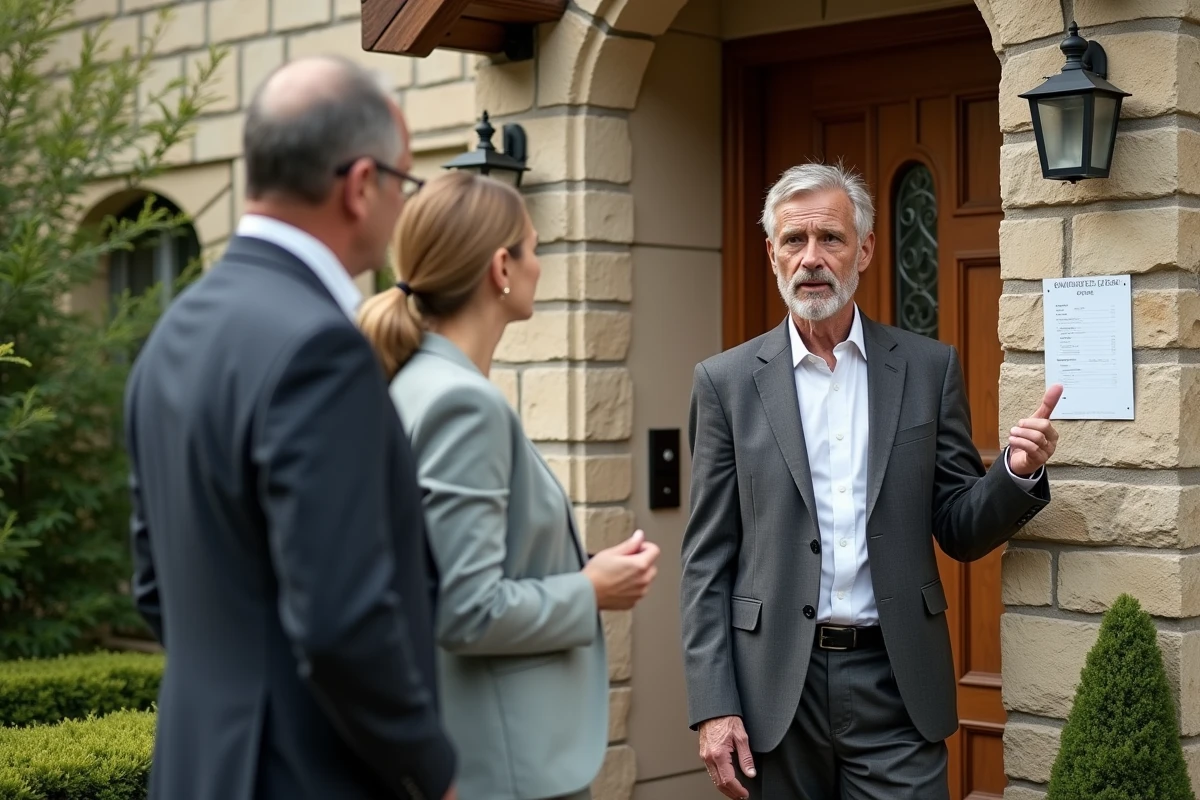 Agent immobilier présentant le diagnostic de performance énergétique DPE d'une maison en pierre à un couple d'acheteurs lors d'une visite