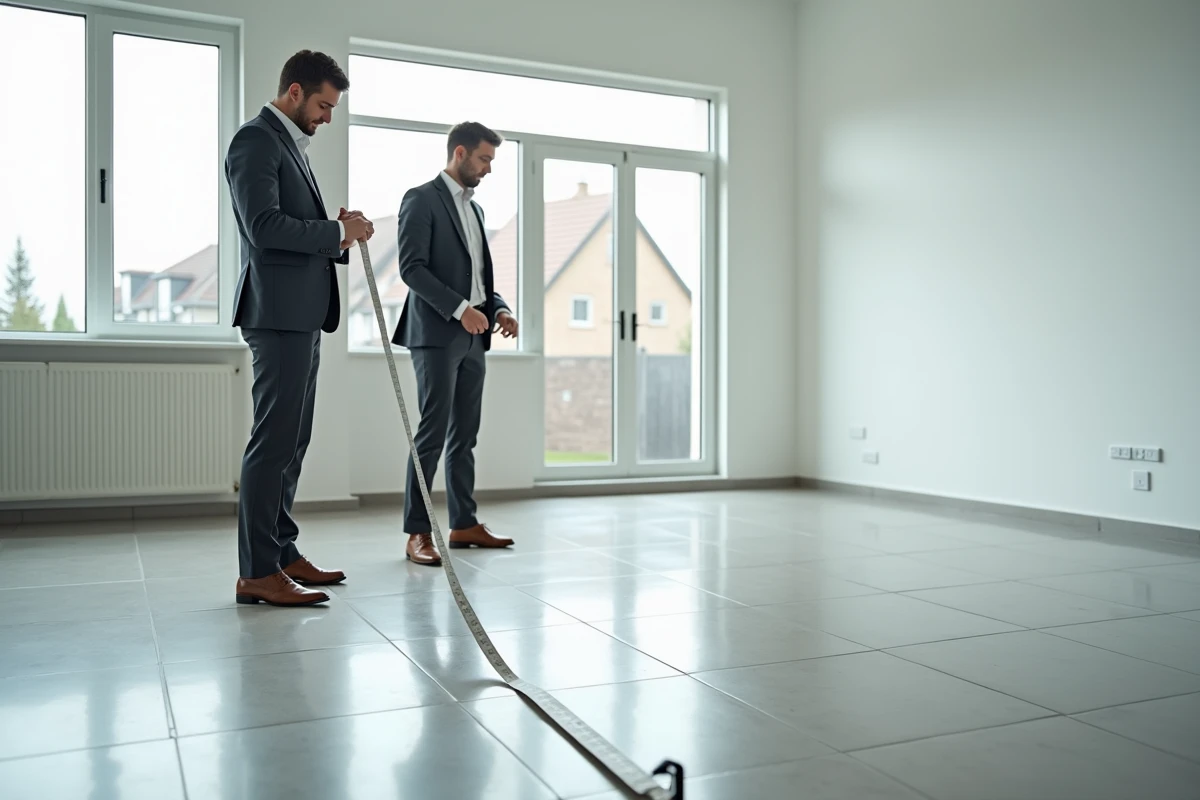 Agent immobilier mesurant la longueur d'un salon vide avec un mètre ruban pour calculer les mètres carrés