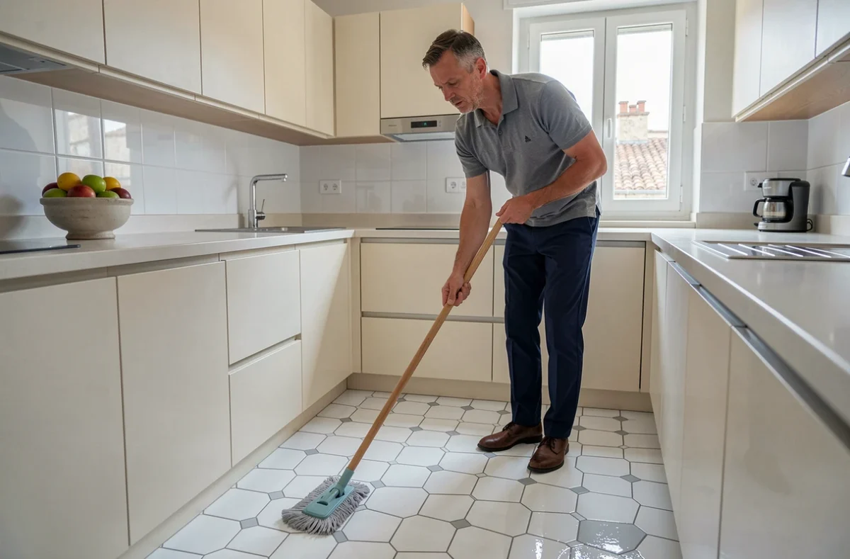 Aide à domicile masculin en polo gris lavant le sol carrelé d'une cuisine moderne dans un appartement d'Avignon