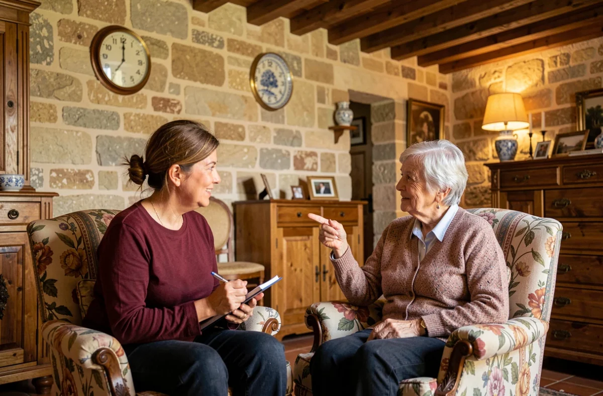 Aide ménagère discutant des besoins avec une personne âgée dans un salon traditionnel en pierre à Avignon