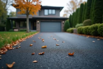 Allée de maison en enrobé drainant avec surface poreuse et granulats apparents, entourée de végétation soignée