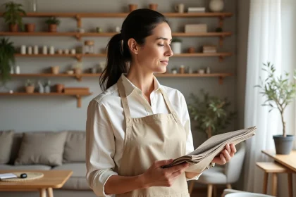 Femme aménageant son salon avec des échantillons de tissu et un carnet de notes dans un intérieur scandinave chaleureux