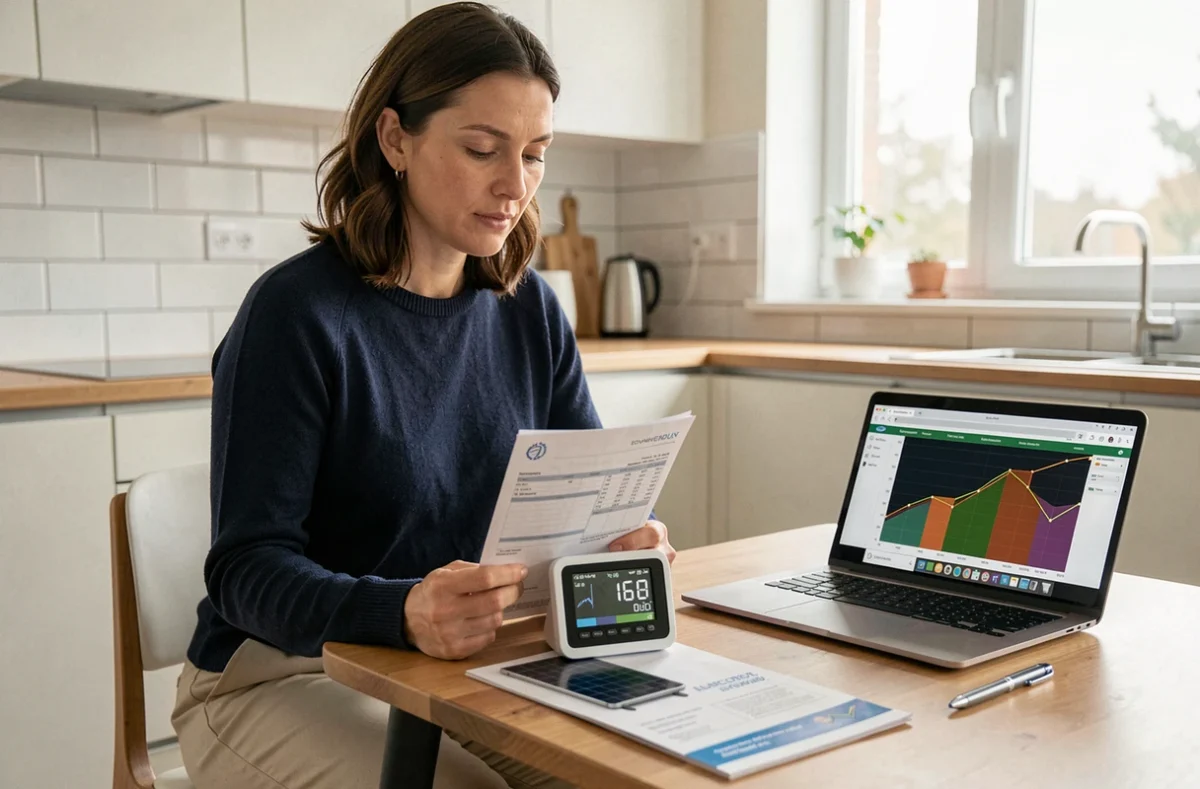 Femme analysant la facture d'électricité et le rendement d'un kit solaire grâce à un moniteur d'énergie en temps réel