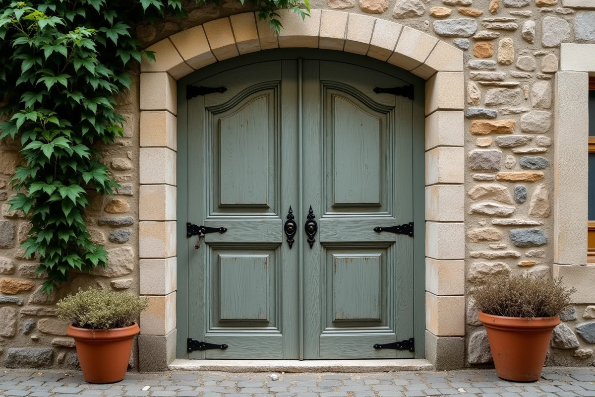 Ancienne porte en bois à double vantail restaurée enchâssée dans une façade en pierre d'un village français