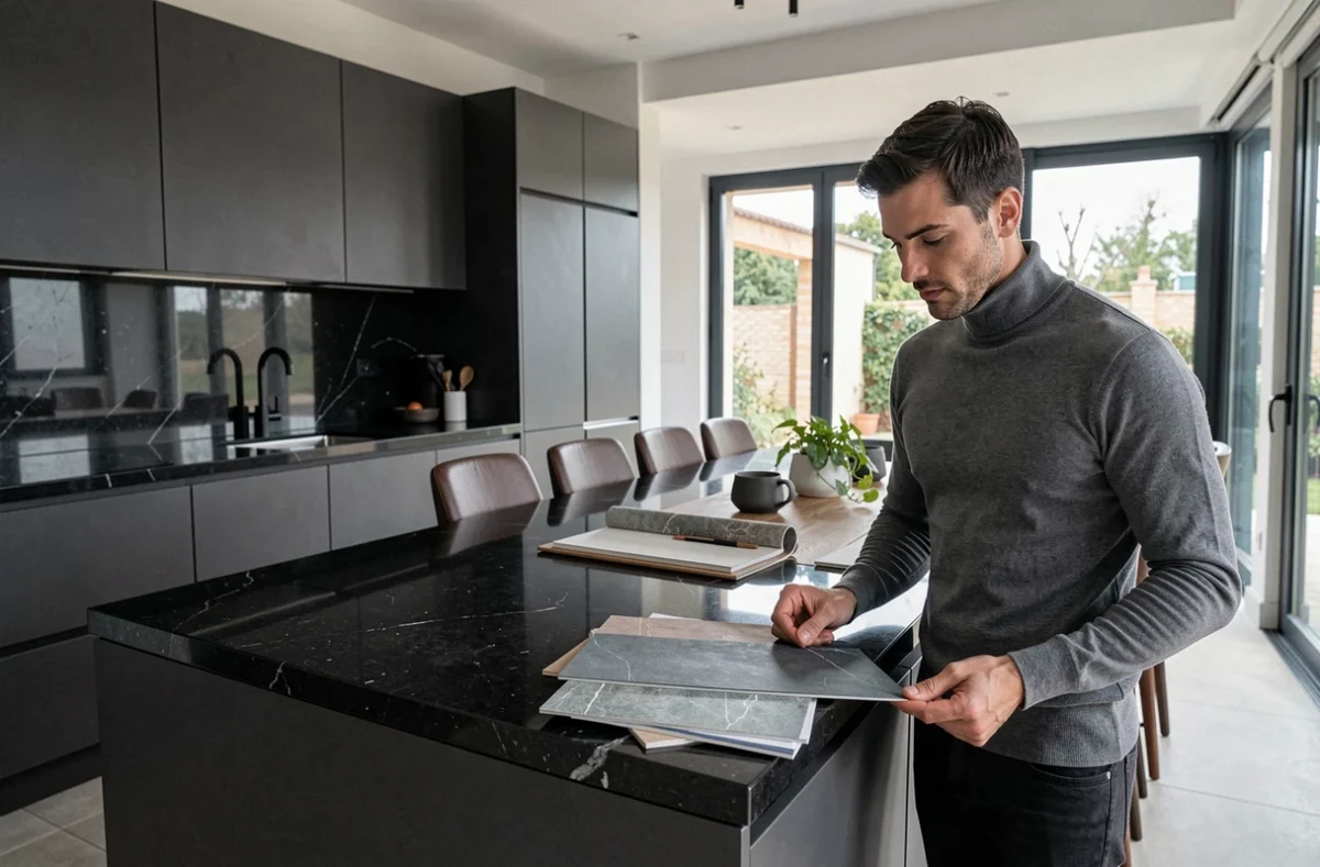 Antoine Badet étudiant des échantillons de matériaux dans une cuisine ouverte contemporaine en granit noir et anthracite