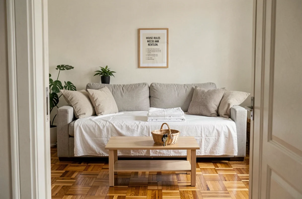 Salon d'appartement meublé prêt pour une location courte durée Airbnb avec linge de maison et panier d'accueil