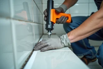 Artisan appliquant un joint acrylique blanc sur un carrelage de salle de bain avec un pistolet à mastic