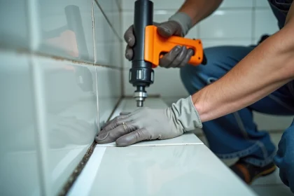 Artisan appliquant un joint acrylique blanc sur un carrelage de salle de bain avec un pistolet à mastic