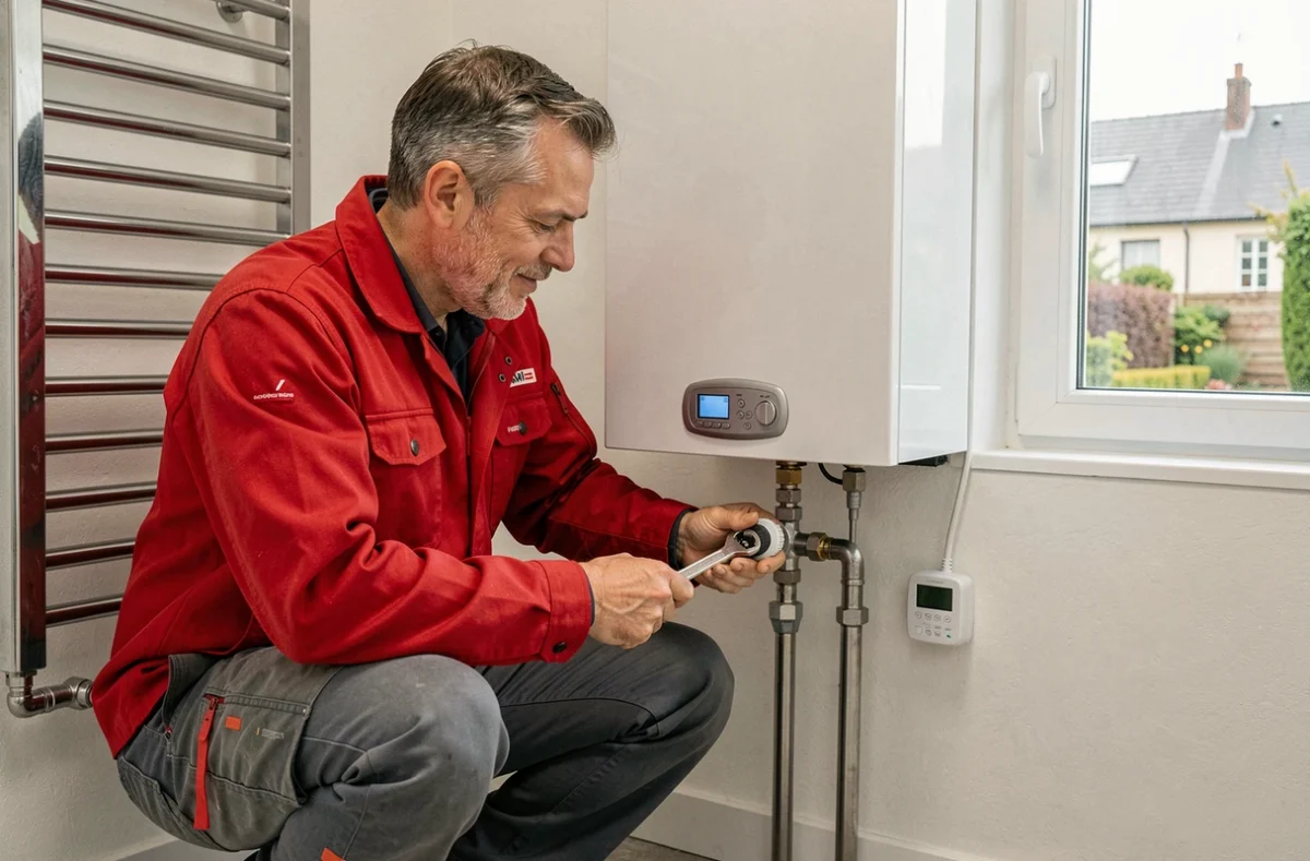 Technicien en veste rouge installant un radiateur sèche-serviettes et une chaudière murale dans une salle de bain en Haute-Garonne