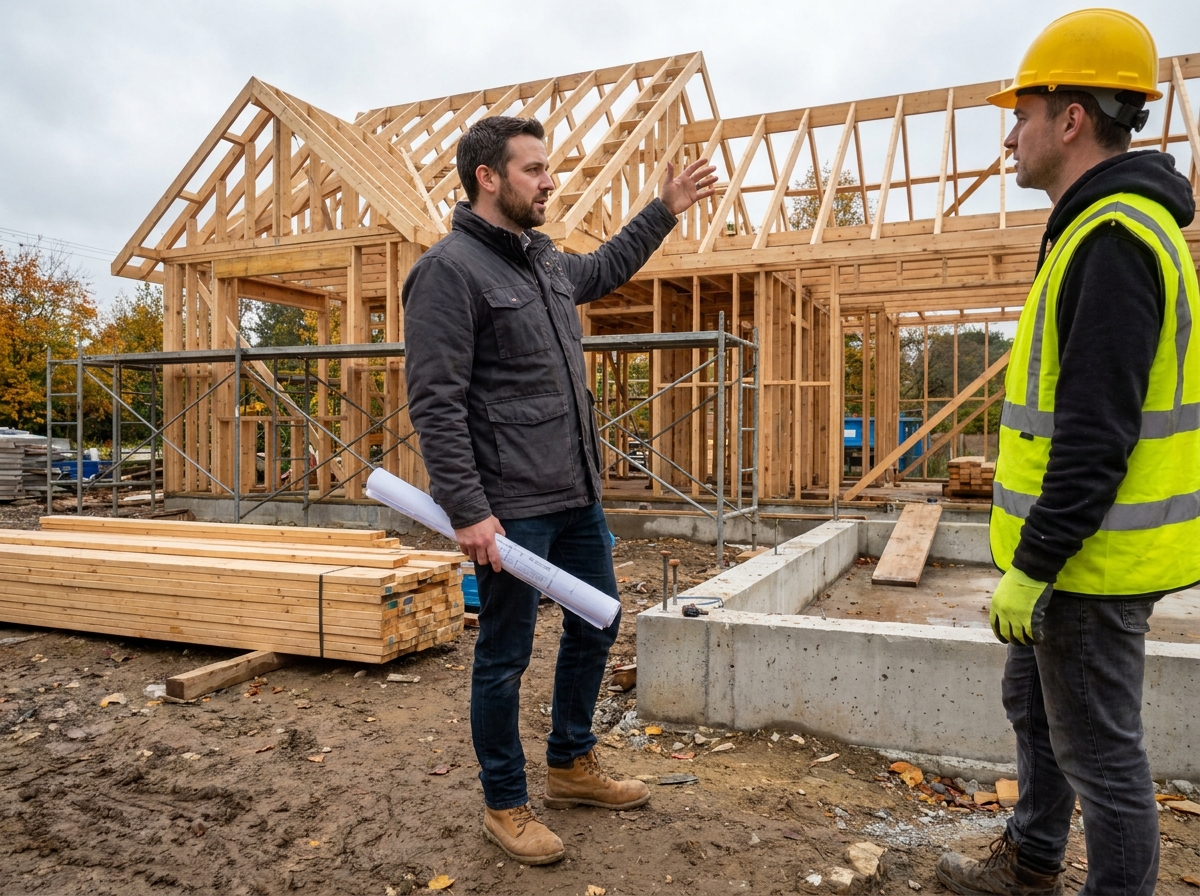 Architecte sur chantier de construction de maison individuelle avec ouvrier