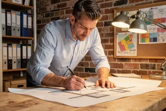 Architecte traçant un plan en coupe de maison conforme au PLU sur une table à dessin en bois dans un studio professionnel