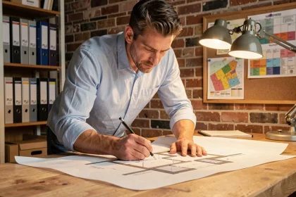 Architecte traçant un plan en coupe de maison conforme au PLU sur une table à dessin en bois dans un studio professionnel
