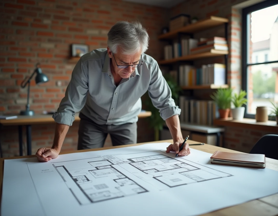 Architecte analysant un plan maison en L 4 chambres sur table à dessin dans un bureau professionnel