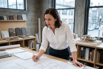 Architecte femme analysant des plans de maison dans un studio professionnel