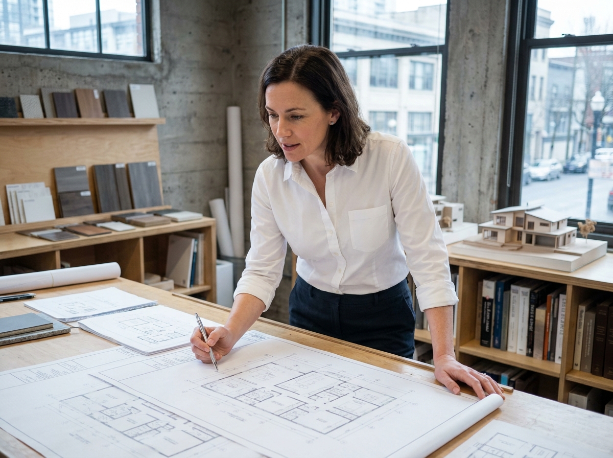 Architecte femme analysant des plans de maison dans un studio professionnel