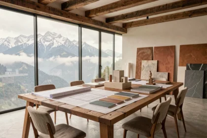Studio d'architecte d'intérieur dans les Pyrénées-Atlantiques avec plans, échantillons de matériaux et vue sur les montagnes
