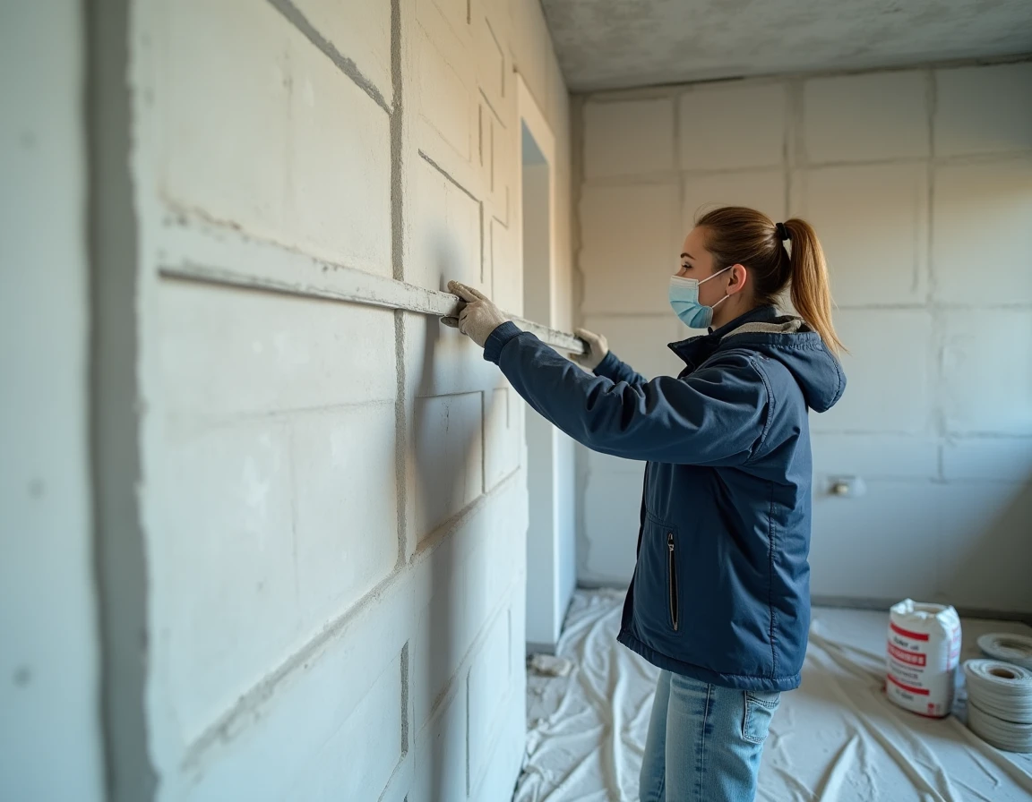 Femme artisan inspectant l'aplomb d'un mur après rebouchage de saignées électriques avec un enduit de lissage lors d'une rénovation intérieure