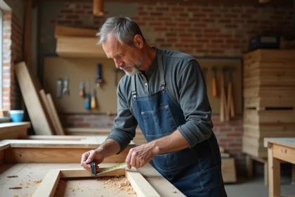 Artisan menuisier mesurant un cadre de fenêtre en bois dans son atelier à Mayenne