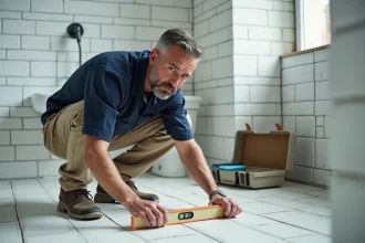 Artisan professionnel inspectant le carrelage d'une salle de bain en rénovation avec un niveau à bulle