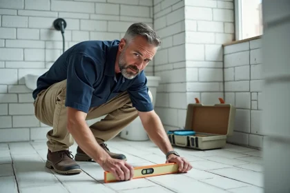 Artisan professionnel inspectant le carrelage d'une salle de bain en rénovation avec un niveau à bulle