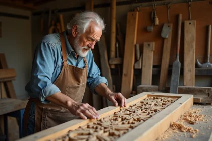 Artisan ébéniste sculptant des motifs floraux sur une ancienne porte en bois sur mesure dans un atelier traditionnel