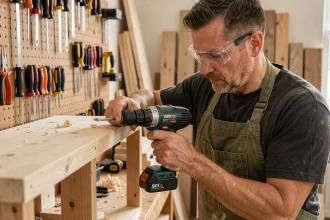 Artisan DIY utilisant une visseuse sans fil dans un atelier avec outils accrochés au mur