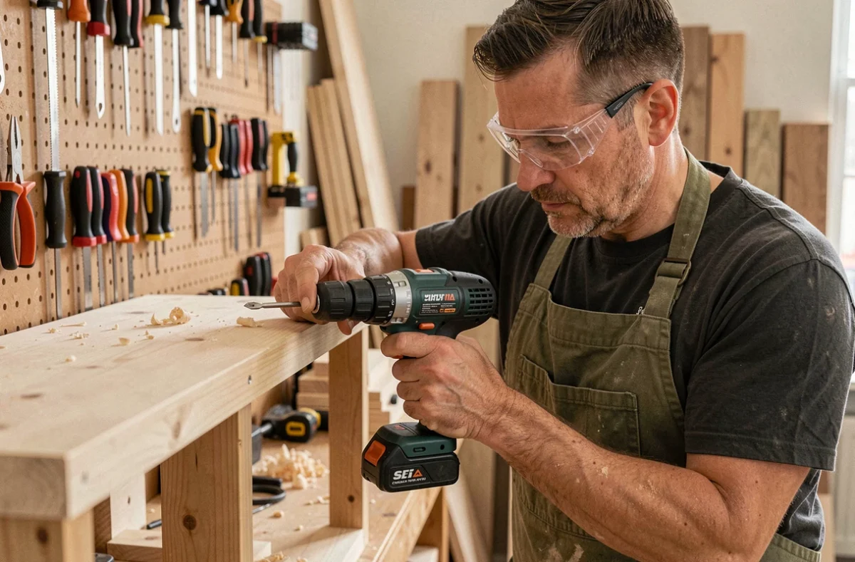 Artisan DIY utilisant une visseuse sans fil dans un atelier avec outils accrochés au mur
