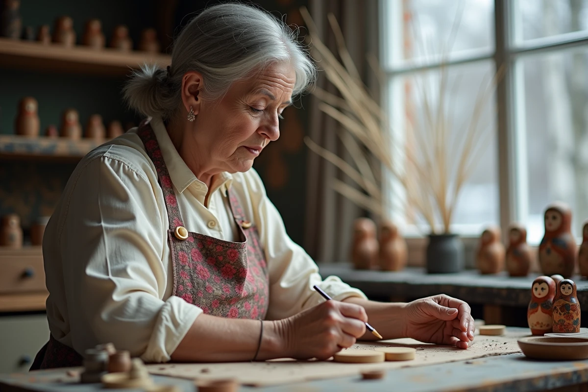 Artisane russe d'âge mûr peignant à la main une poupée matriochka en bois brut dans son atelier traditionnel, entourée de poupées achevées colorées