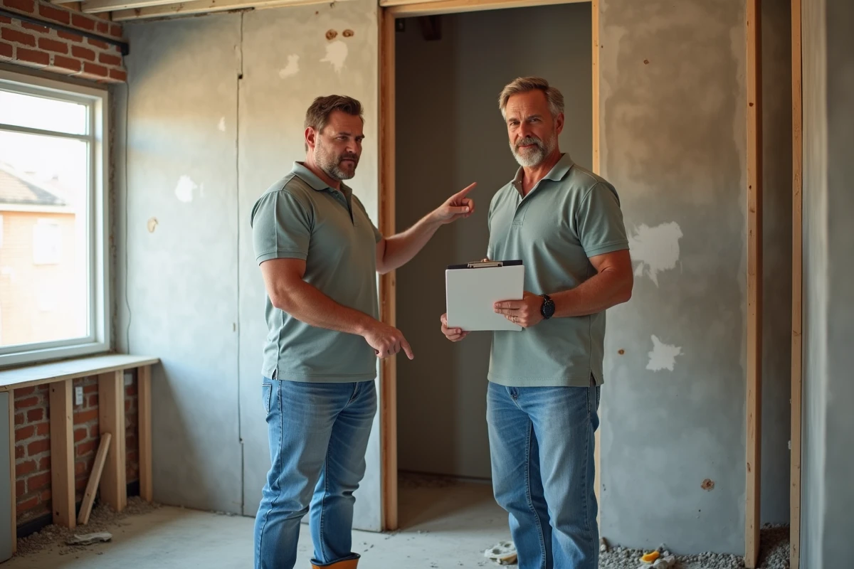 Deux artisans en consultation évaluant les travaux de rénovation d'une cuisine à rénover