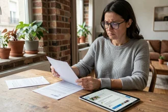 Femme examinant son contrat d'assurance habitation Macif et une annonce de location Airbnb sur tablette dans un appartement moderne