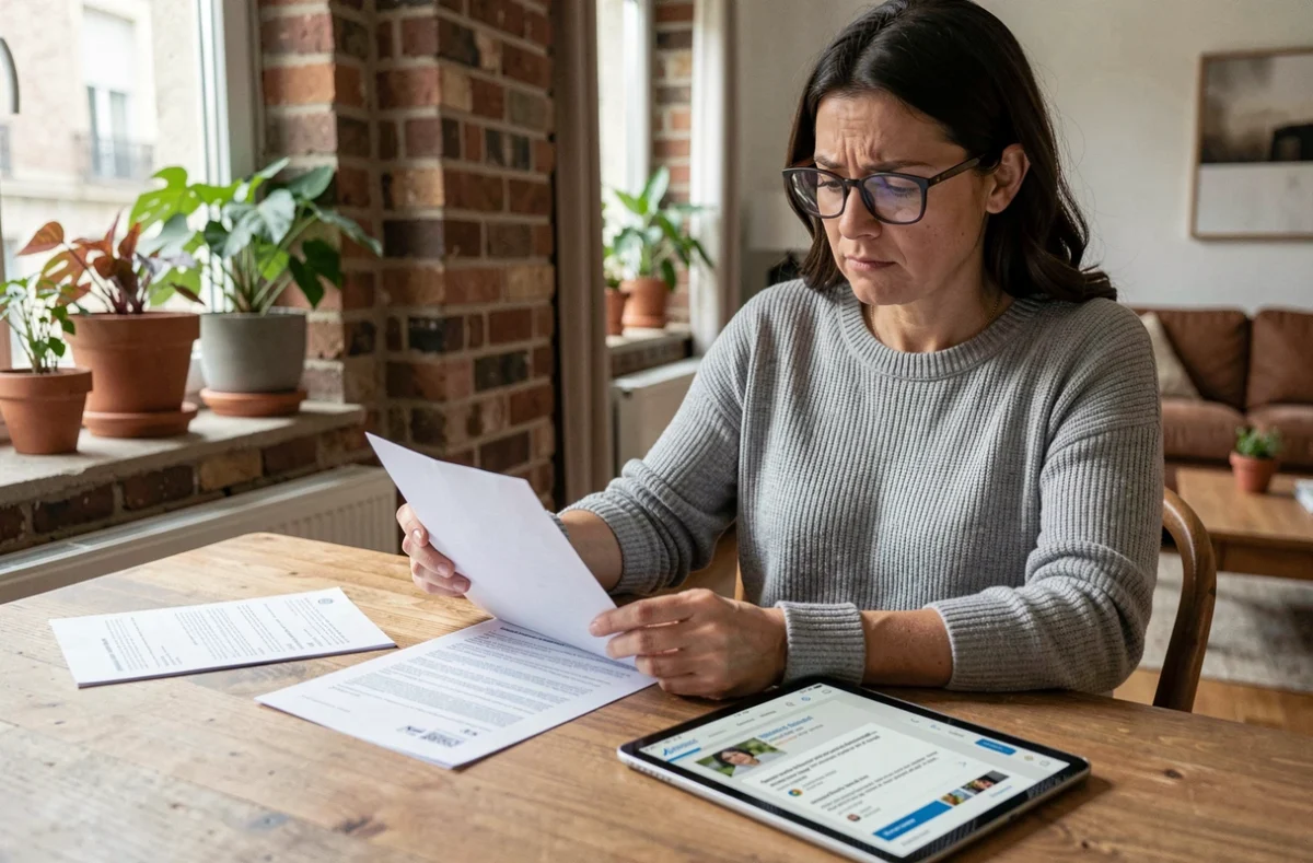Femme examinant son contrat d'assurance habitation Macif et une annonce de location Airbnb sur tablette dans un appartement moderne