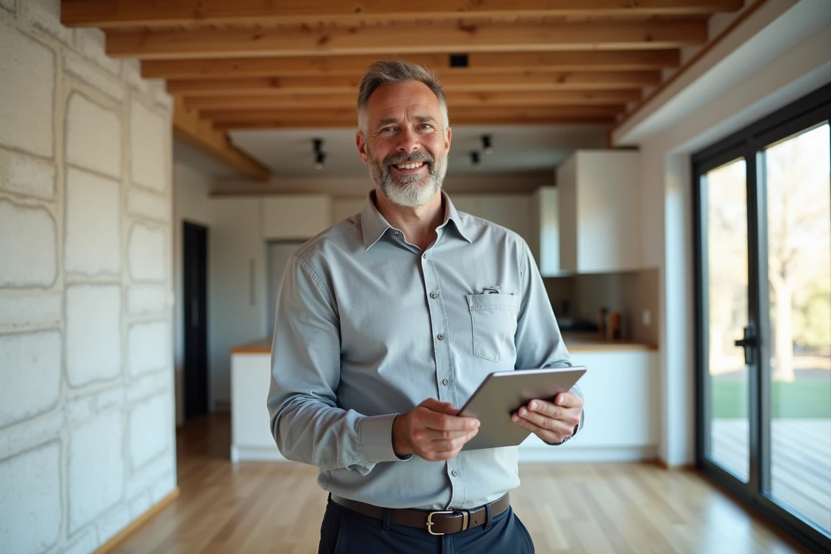 Auditeur énergétique professionnel tenant une tablette avec un bilan de performance énergétique dans un salon rénové avec double vitrage