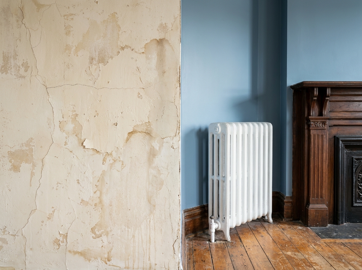 Détail d'angle de chambre dans un appartement ancien montrant le contraste entre ancienne peinture craquelée et nouvelle finition bleu poudré sur les murs avec cheminée en bois sculpté