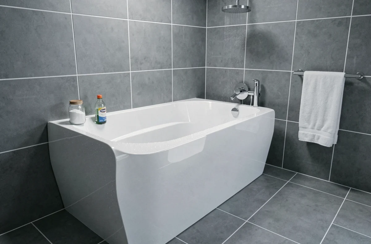 Baignoire en acrylique propre et brillante après nettoyage naturel au bicarbonate et vinaigre, avec les produits posés sur le bord