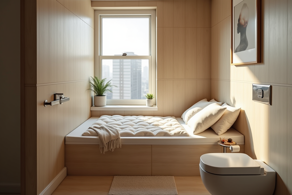 Petite salle de bain urbaine transformee en espace nuit cosy