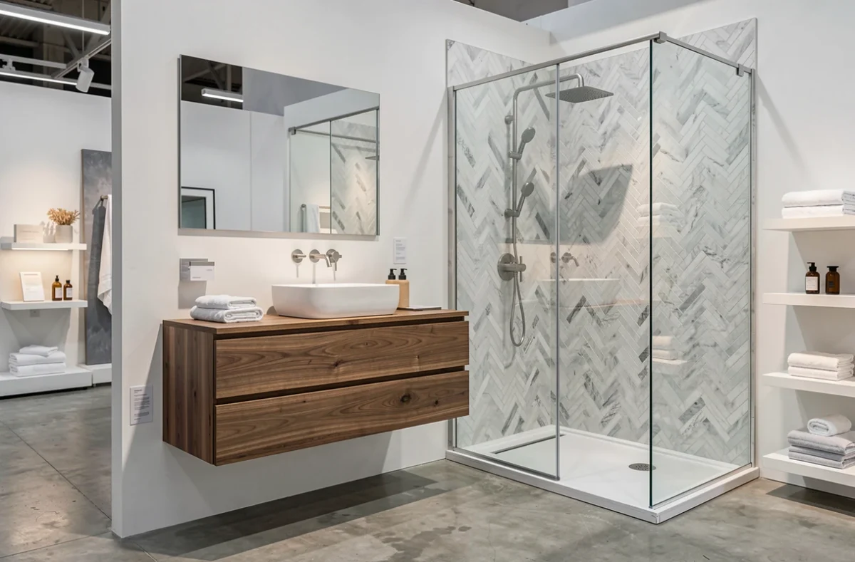 Showroom de salle de bain à Montpellier présentant un meuble vasque en noyer, robinetterie en nickel brossé et paroi de douche en verre sans cadre
