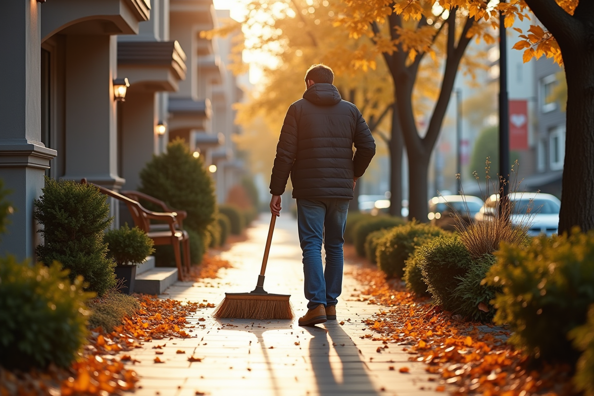 Personne balayant un trottoir en automne devant sa maison
