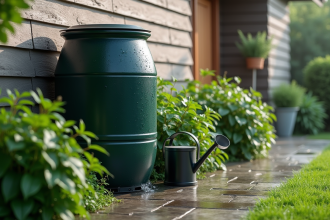 Baril de récupération d'eau de pluie à côté d'une maison avec plantes