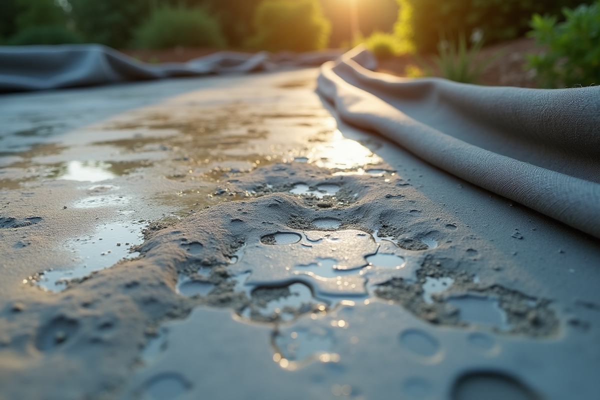 Gros plan sur le beton recouvert de couvertures de cure au matin