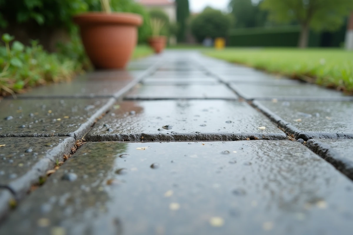 Gros plan sur la surface texturée du béton drainant avec granulats apparents et eau s'infiltrant dans les pores