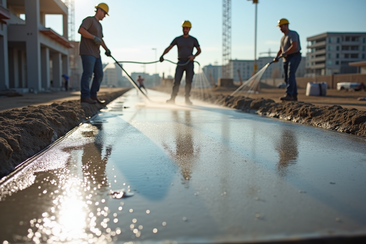 Vue d'une dalle de béton frais sur un chantier ensoleille avec ouvriers