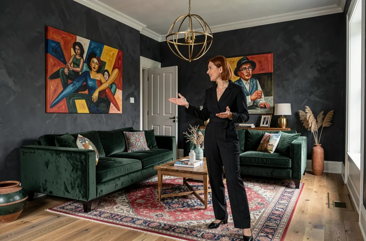 Designer d'intérieur Blunt présentant un salon audacieux avec canapés en velours vert et murs en plâtre anthracite
