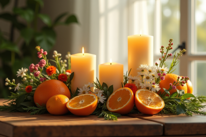 Bougies élégantes sur une table en bois avec fleurs et agrumes