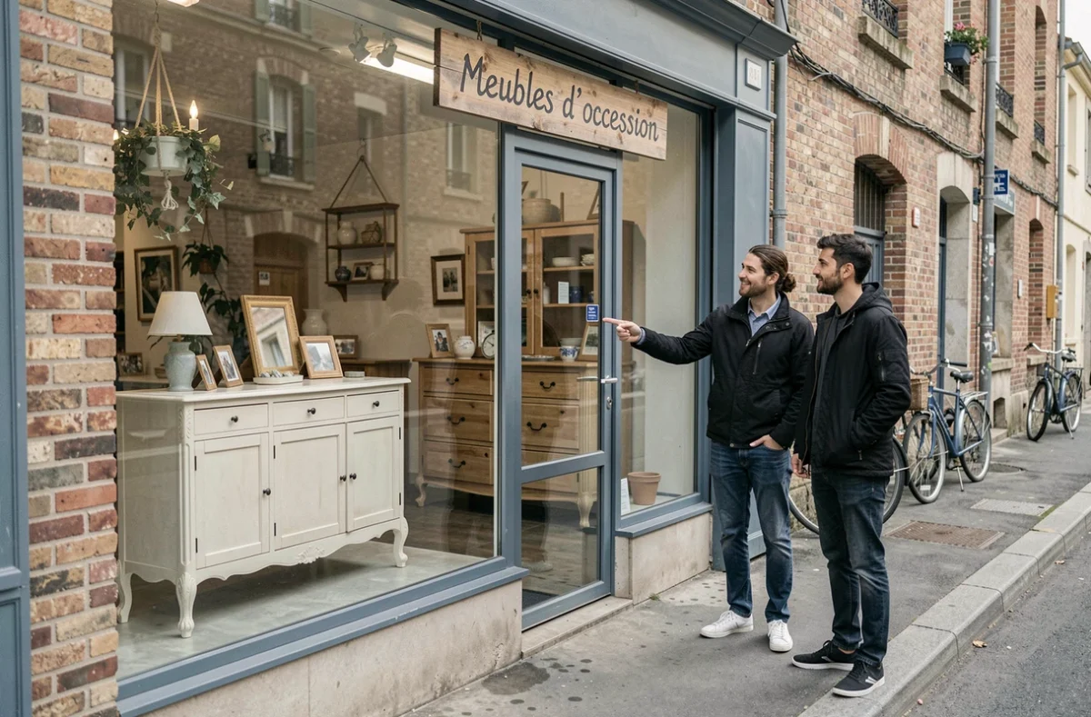 Couple regardant des buffets d'occasion exposés dans la vitrine d'une boutique de meubles de seconde main en ville