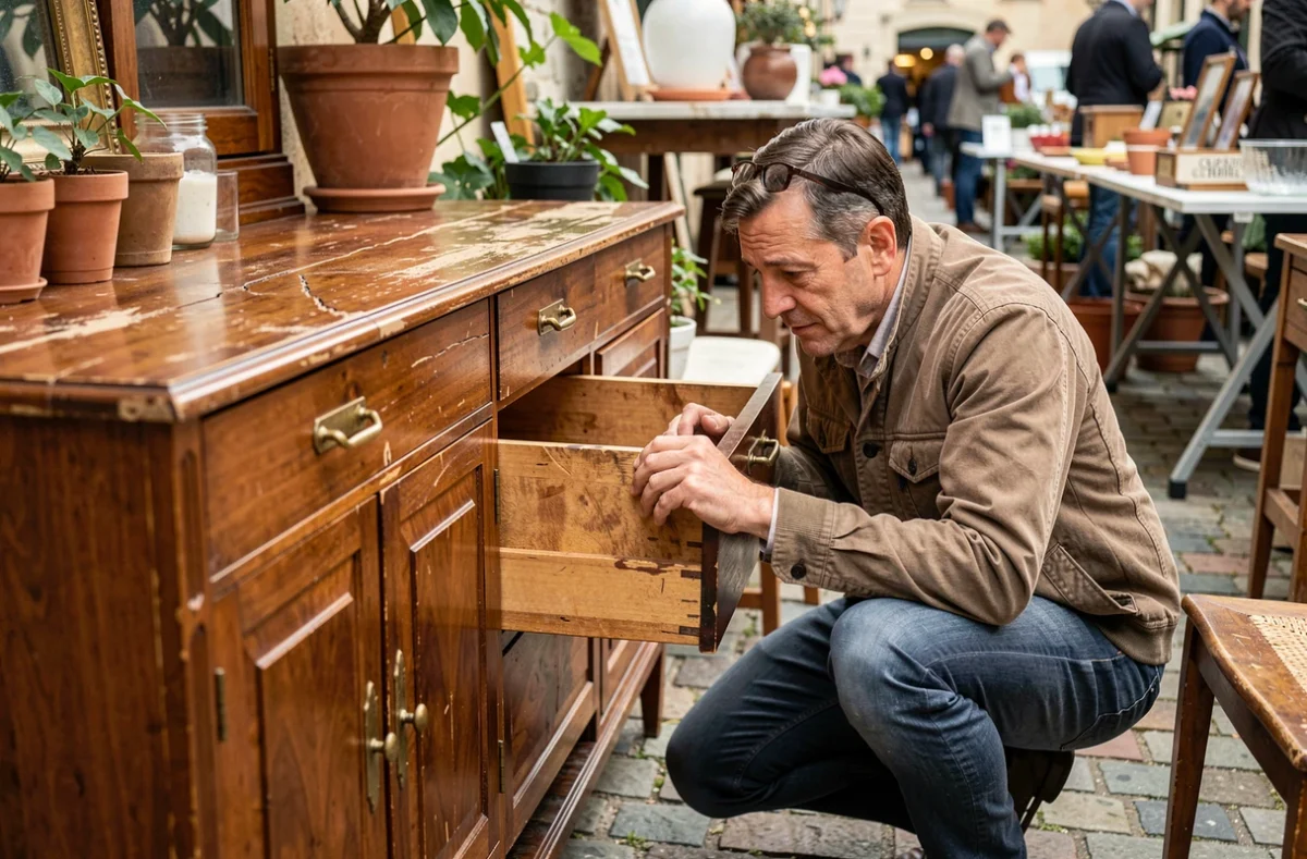 Homme inspectant un buffet Art Déco ancien dans un marché aux puces de brocante en plein air