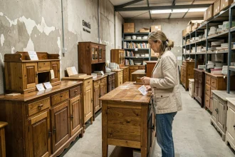 Femme chinant un buffet en bois massif dans un entrepôt Emmaüs rempli de meubles d'occasion