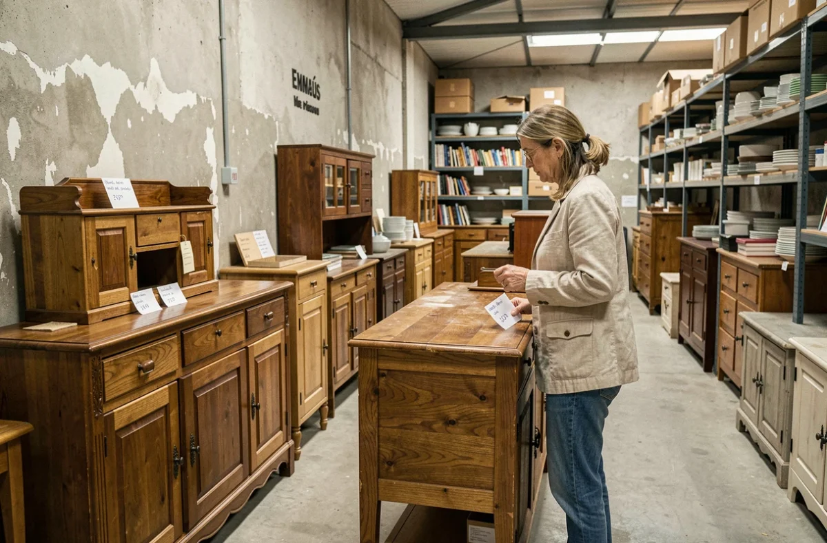 Femme chinant un buffet en bois massif dans un entrepôt Emmaüs rempli de meubles d'occasion