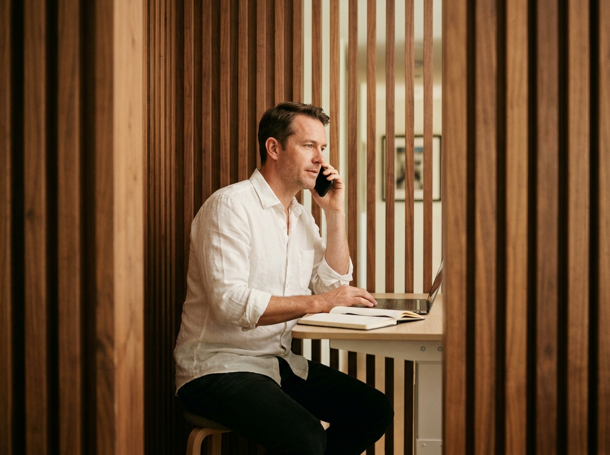 Homme en télétravail dans un bureau à domicile entouré de cloisons en lattes de bois pour l'isolation phonique